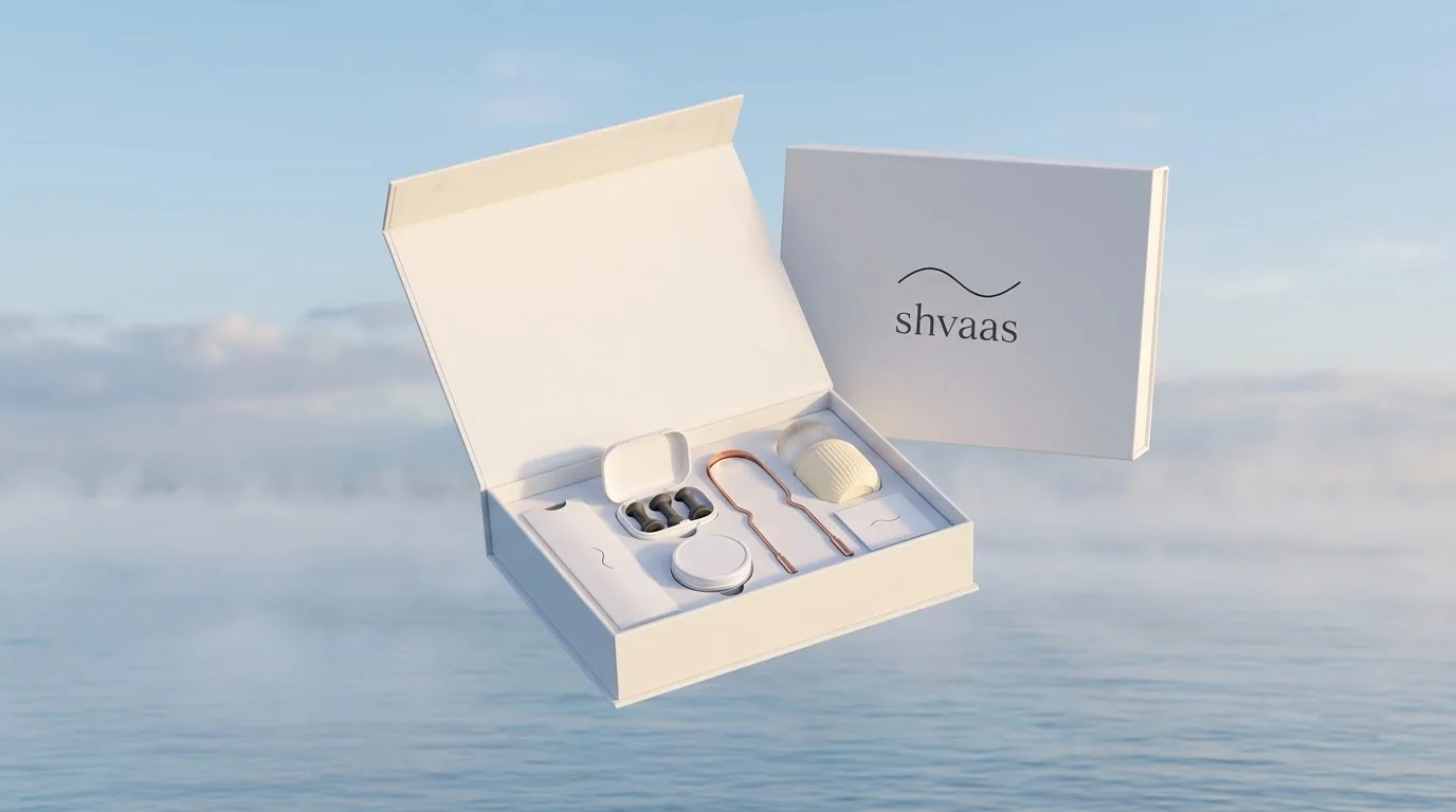 The white Shvaas box, open, floating over a calm morning sea