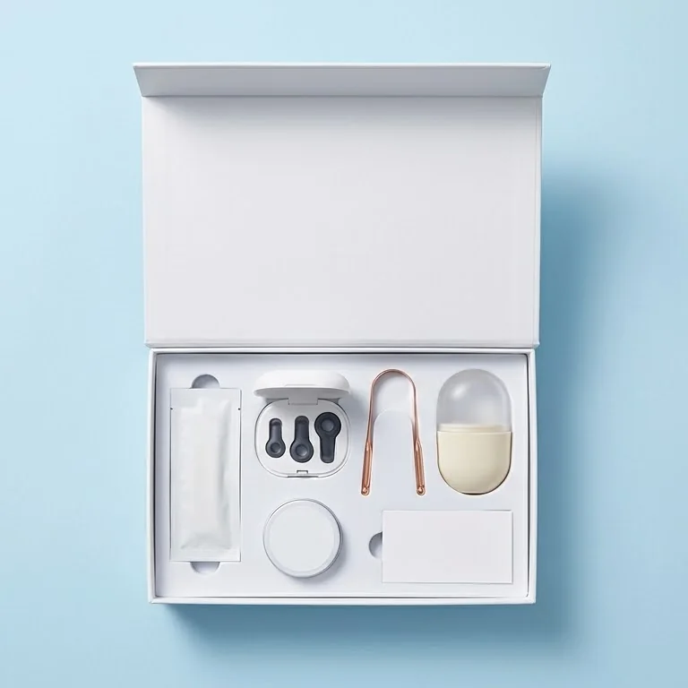 The open Shvaas box from above, with its six items in a white tray